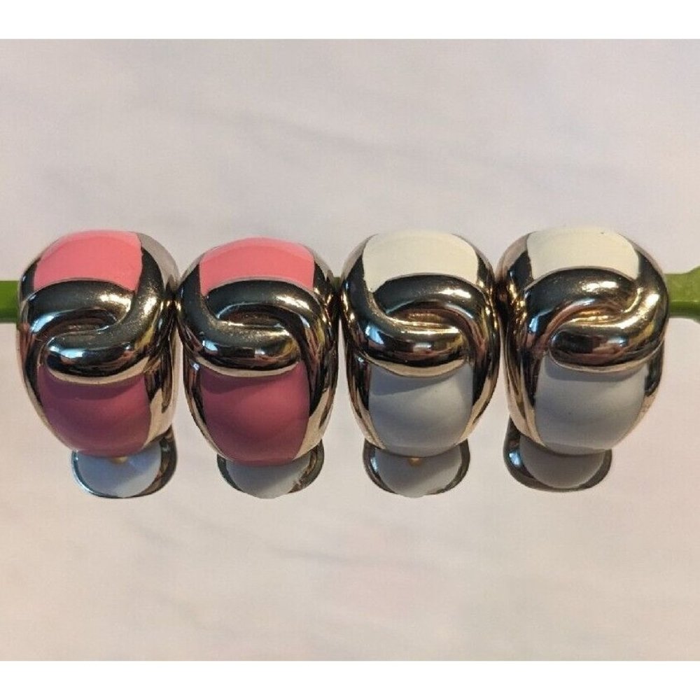 Vtg Clip On Half Hoop Earrings Gold Tone Enamel Pink White Knot Chunky Retro Lot